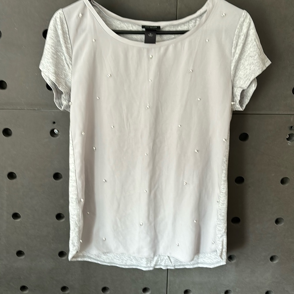Ann Taylor Grey Pearl and rhinestone beaded top size medium.